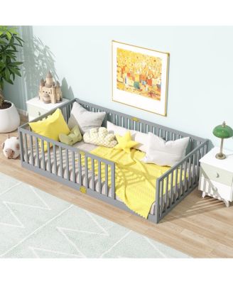 Twin Size Floor Bed with High Fence Railings Rubber Wood