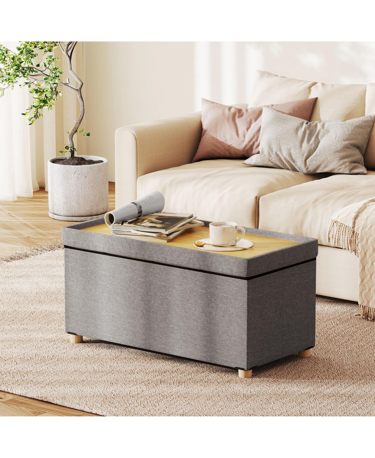 Sugift 30 in. Storage Ottoman Bench with Flip Top Tray and Solid Rubber Wood Legs