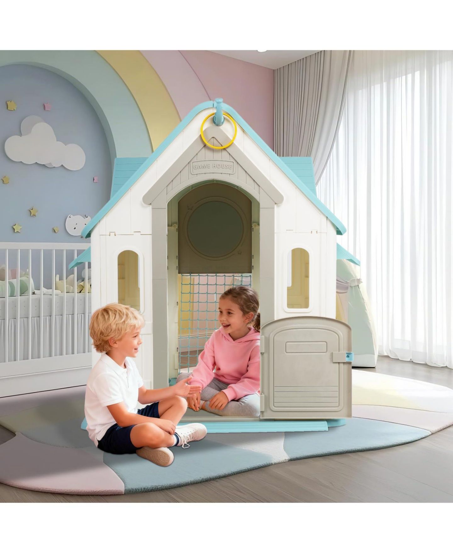 Детская игрушка homfan Kids Outdoor and Indoor Playhouse Cottage, Toddler Playground with Basketball Hoop for Ages plus, цвет: Белый — фото 8