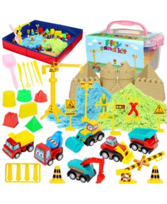43Pieces  Construction Sand Toy Set for Kids - 3lbs Play Sand, 6 Mini Trucks, Castle Molds, Tools, Collapsible Sandbox and Storage Bin