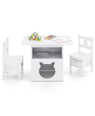 Kids Table and Chairs Set 3 Piece Wooden Furniture with Cat House