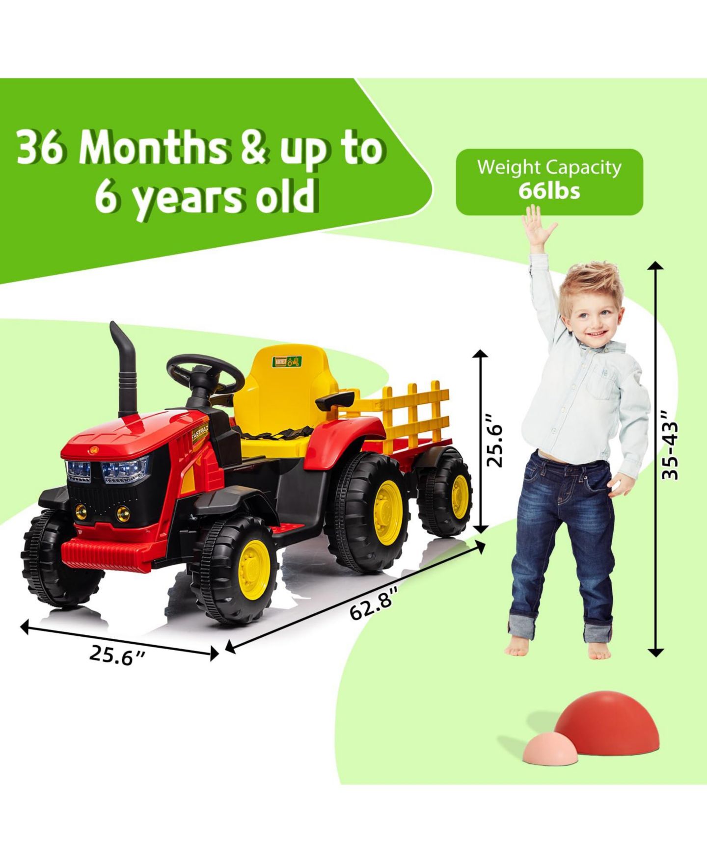 Детская игрушка homfan Electric Ride On Car Tractor with Garden Cart Trailer, 12v Rechargeable Kids Vehicle with Remote Control for Ages 3 to 8, цвет: Красный — фото 2