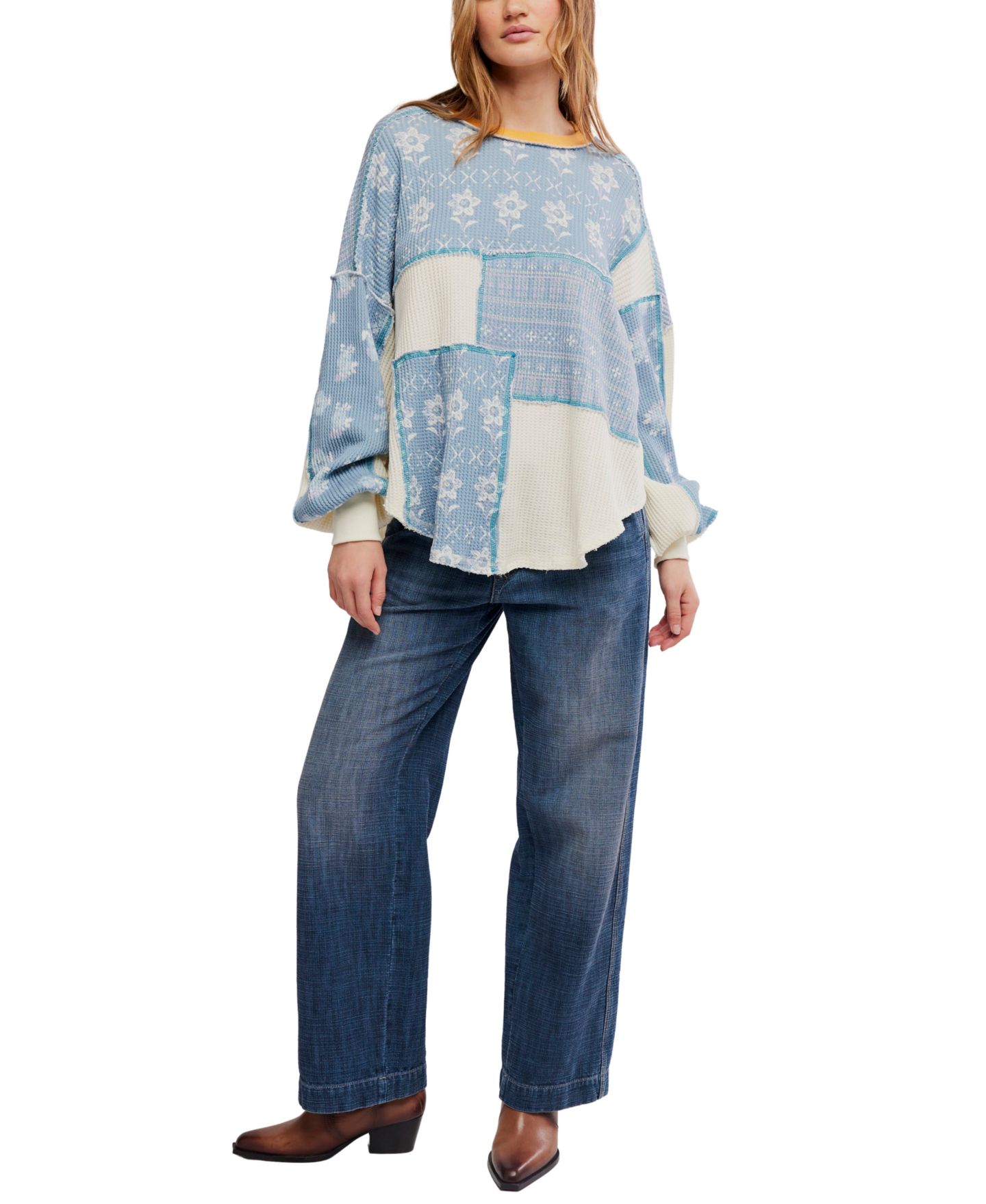 Женская футболка Free People Wildflower Thermal Waffle-Knit Floral-Print, цвет: Прозрачный комбинированный — фото 2