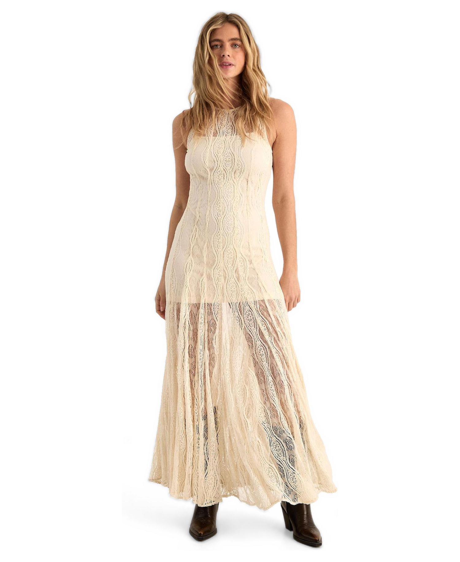 Women's High Neck Lace Godet Hem Maxi Dress