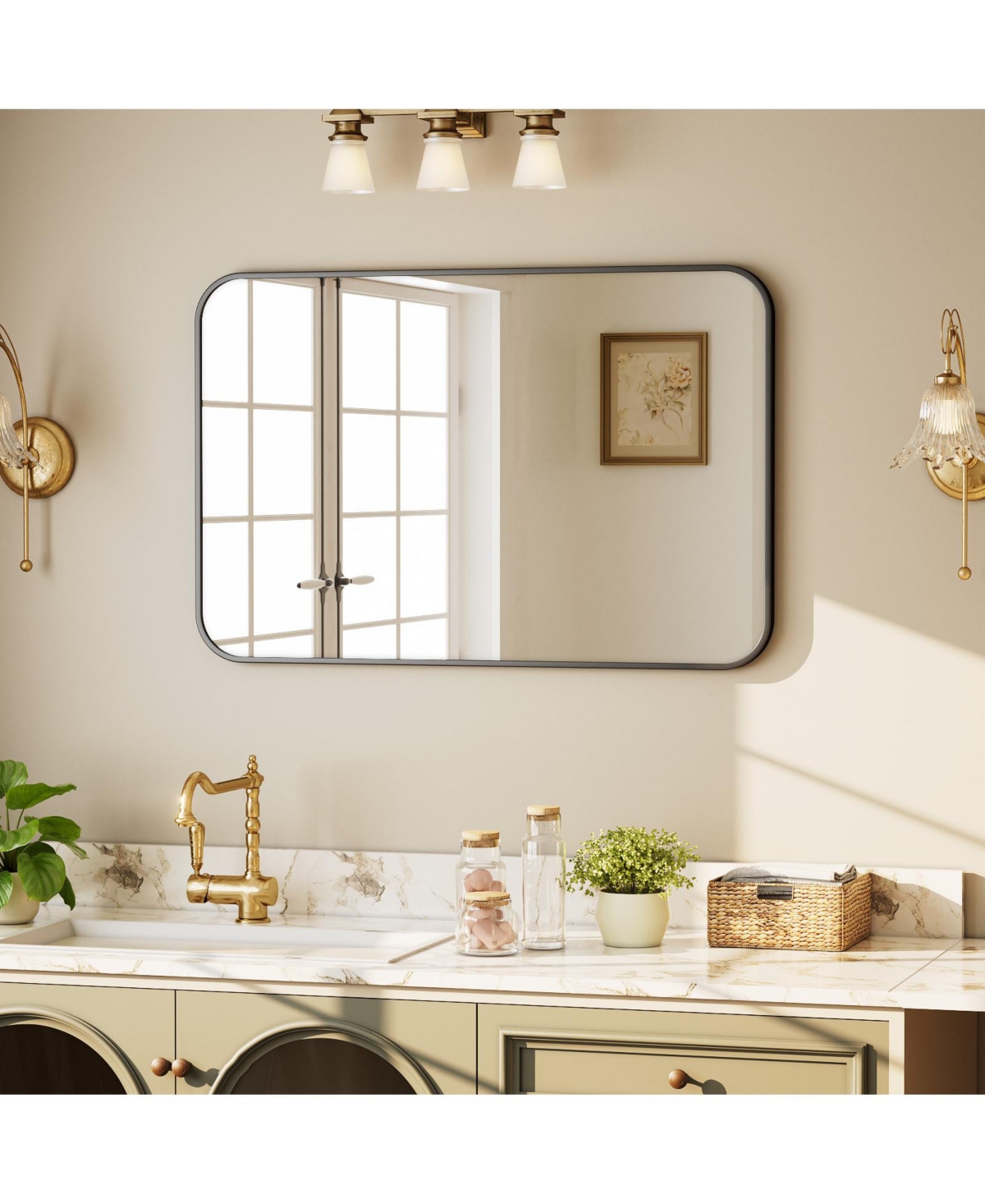 Koonmi Rounded Rectangle Bathroom Mirror, Aluminum Alloy Frame