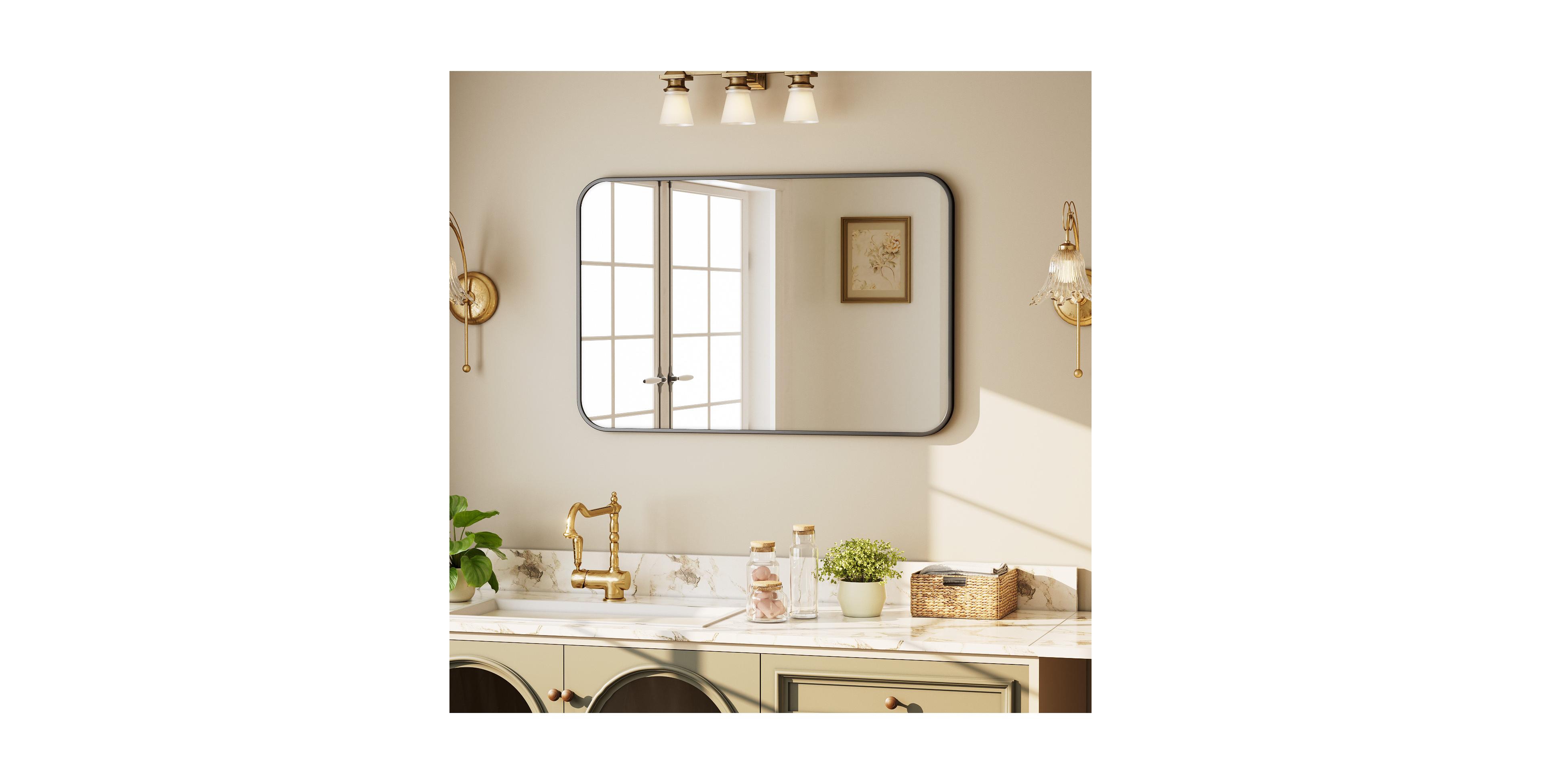 Koonmi Rounded Rectangle Bathroom Mirror, Aluminum Alloy Frame