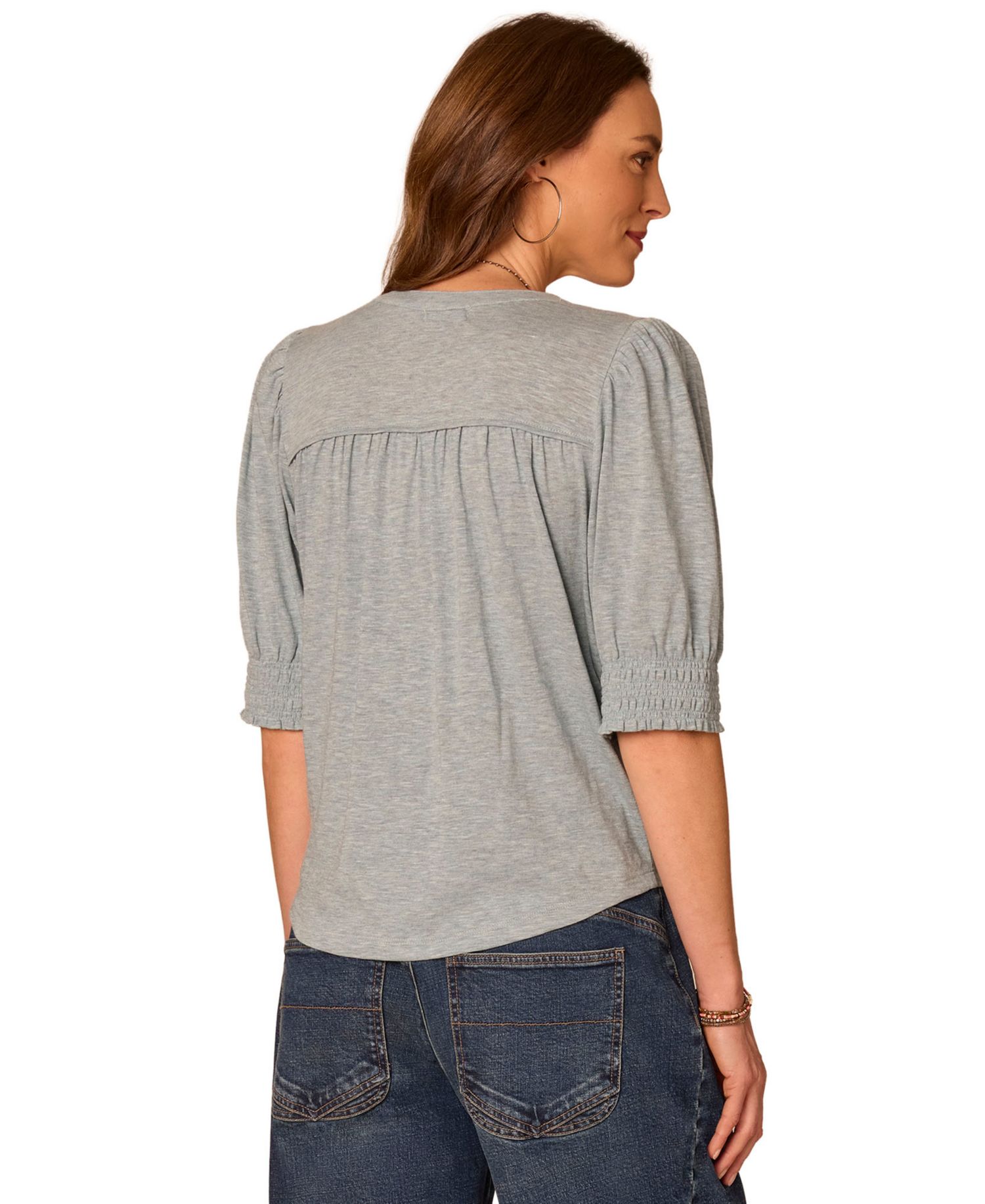 Women's Elbow-Length Blouson Sleeve Mandarin Collar Smocking and Pintuck Knit Blouse