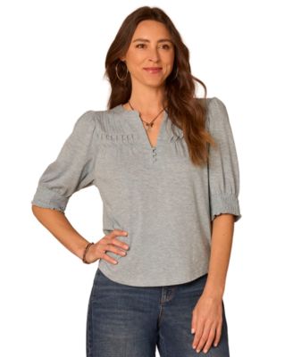 Women's Elbow-Length Blouson Sleeve Mandarin Collar Smocking and Pintuck Knit Blouse