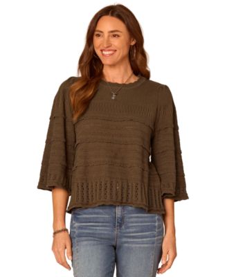 Women's Variegated-Stitch Scallop-Edge Three-Quarter Bell Sleeve Sweater