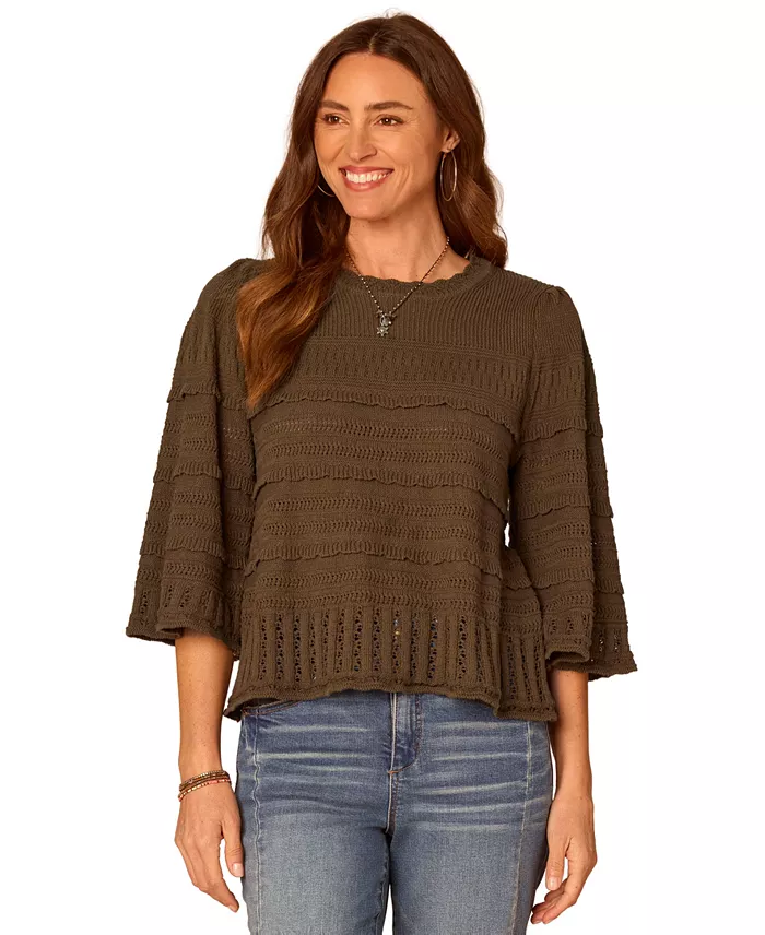Women's Variegated-Stitch Scallop-Edge Three-Quarter Bell Sleeve Sweater