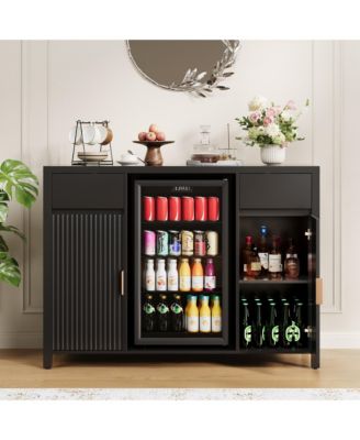 53" Bar Cabinet with Fridge Space Wine Rack and Storage Drawers, Fluted Sideboard with Charging Station for Kitchen and Dining