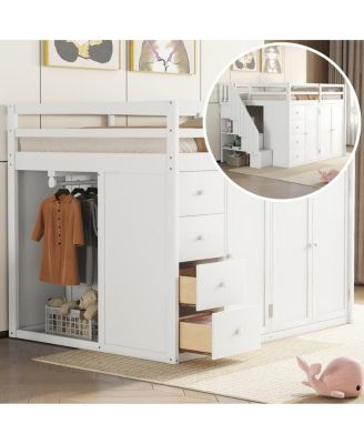  Wood Loft Bed With Built-in Wardrobes, Cabinets and Drawers