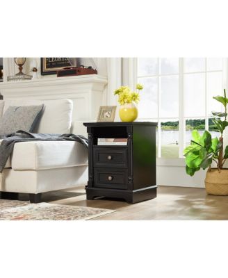 Farmhouse 2-Drawer Side Table with Charging Station and Rustic Wood Base