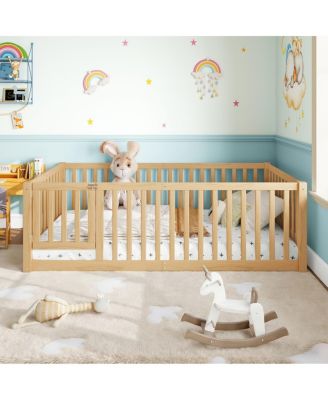 Twin Size Bed Floor Bed with Safety Guardrails and Door for Kids