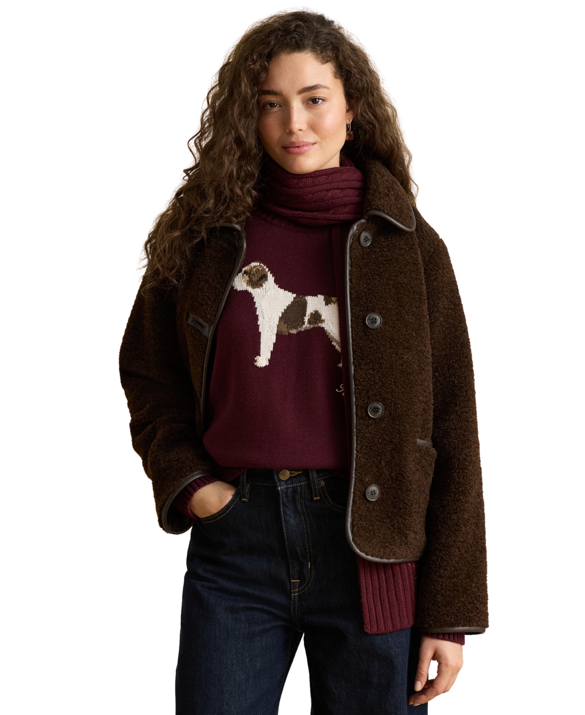 Lauren Ralph Women's Pleather Trim Sherpa Jacket