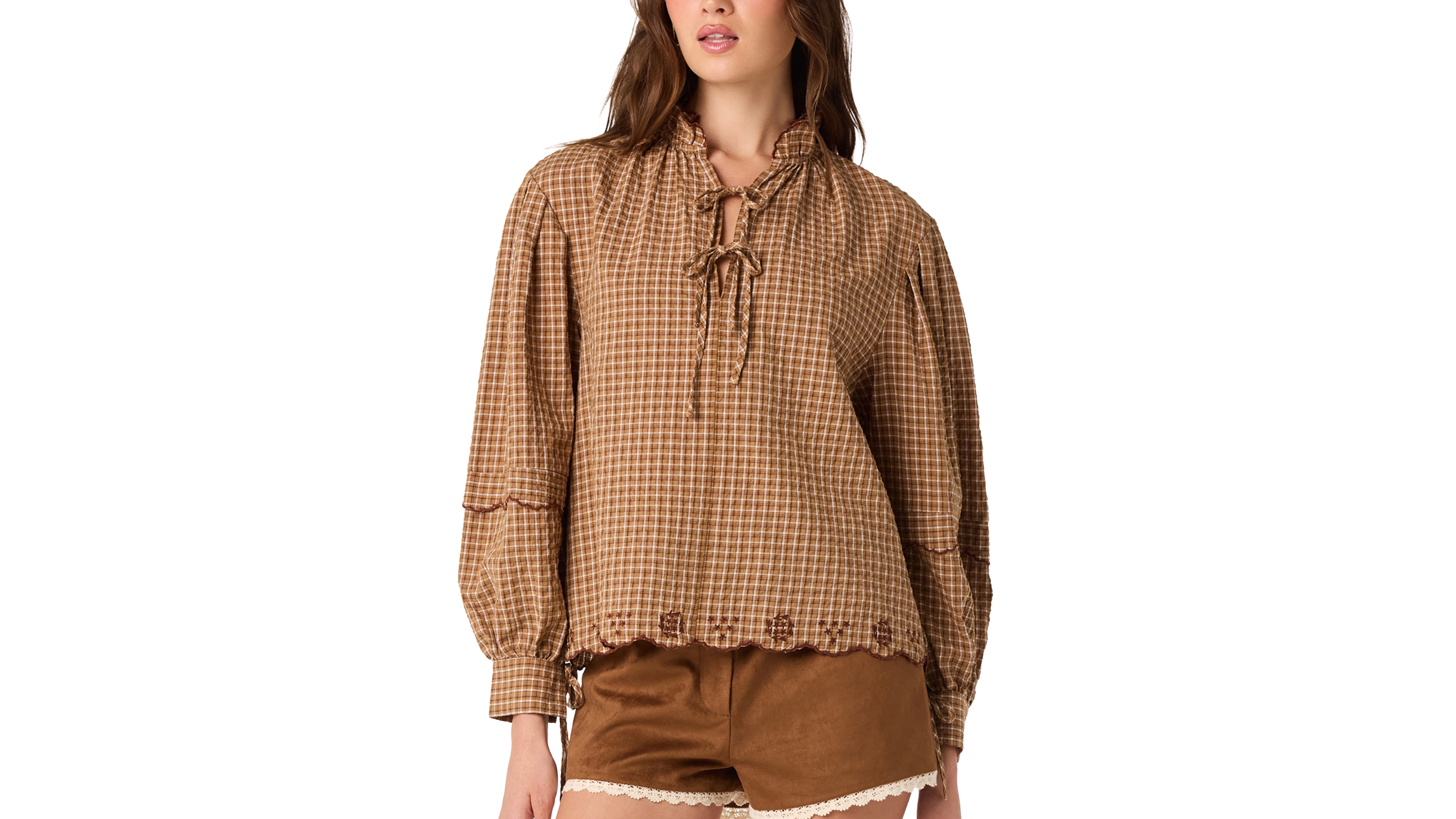 Astr the Label Women's Ruffled Collar Tie-Neck Top