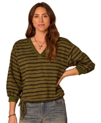 Petite Striped 3/4-Sleeve Blouson V-Neck Top