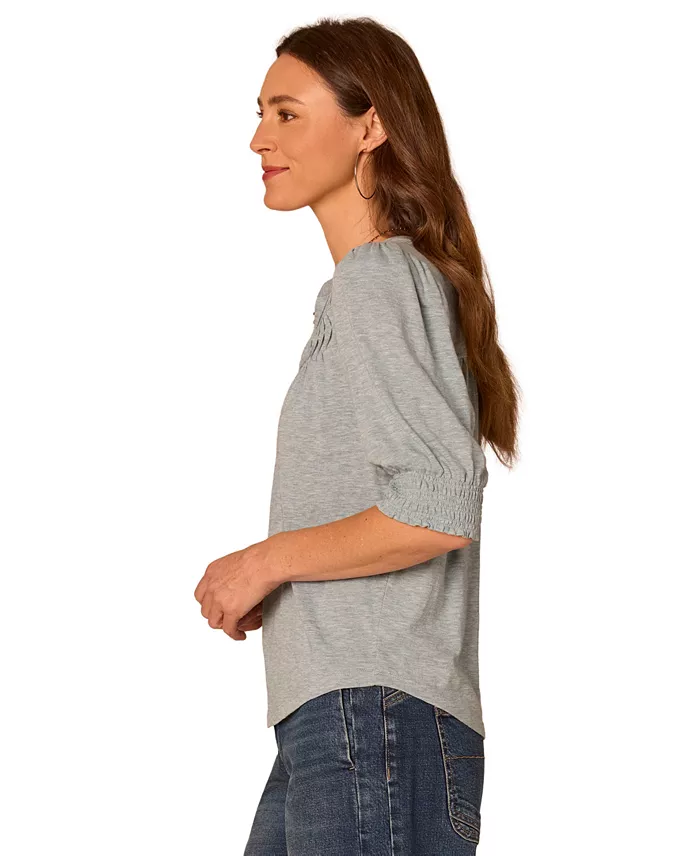 Petite Mandarin Collar Blouson-Sleeve Knit Top - thumbnail 2