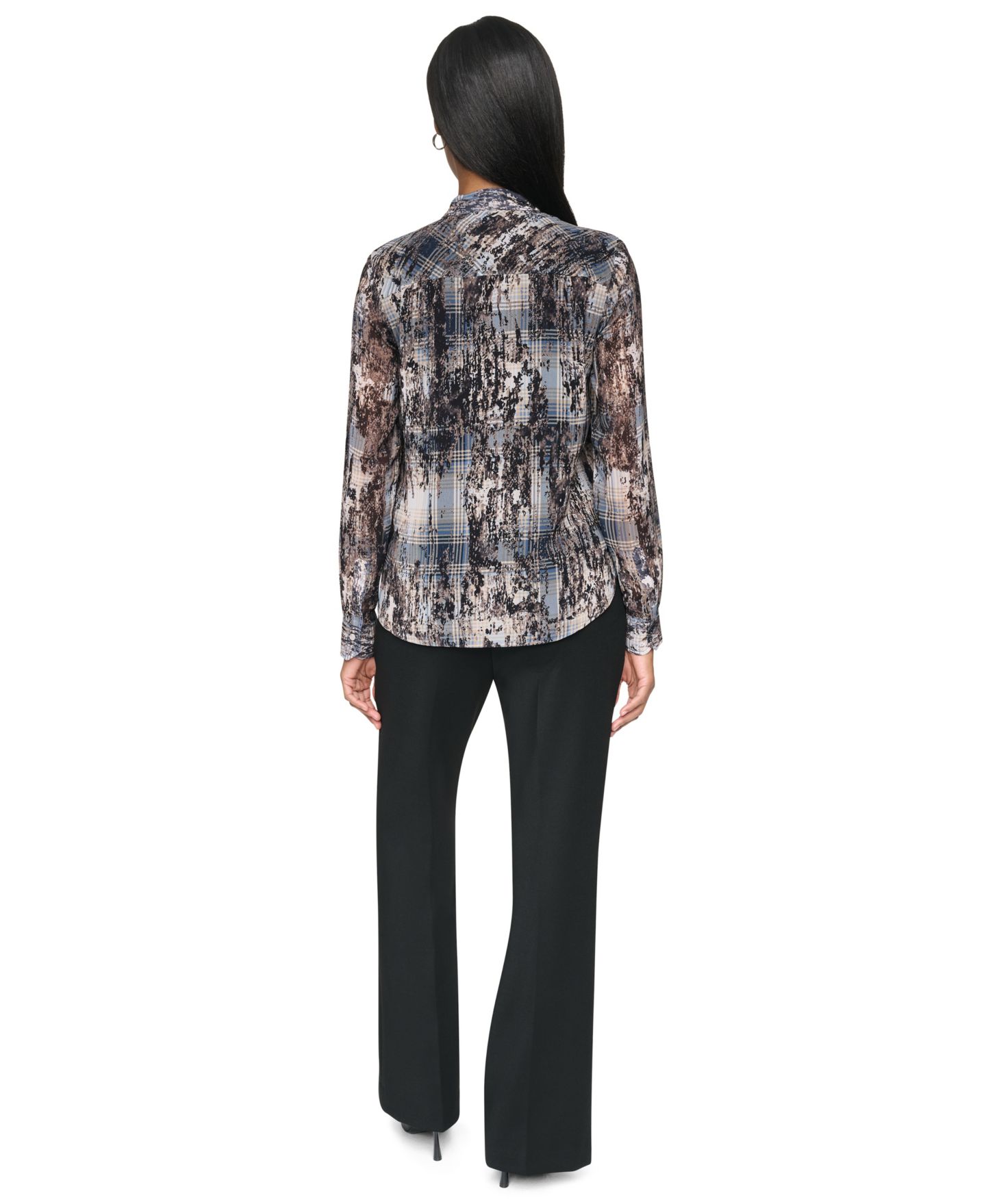 Женская блузка DKNY Tie-Neck Long-Sleeve Crinkle Chiffon Blouse, цвет: Тёмно-синий / Разноцветный — фото 6