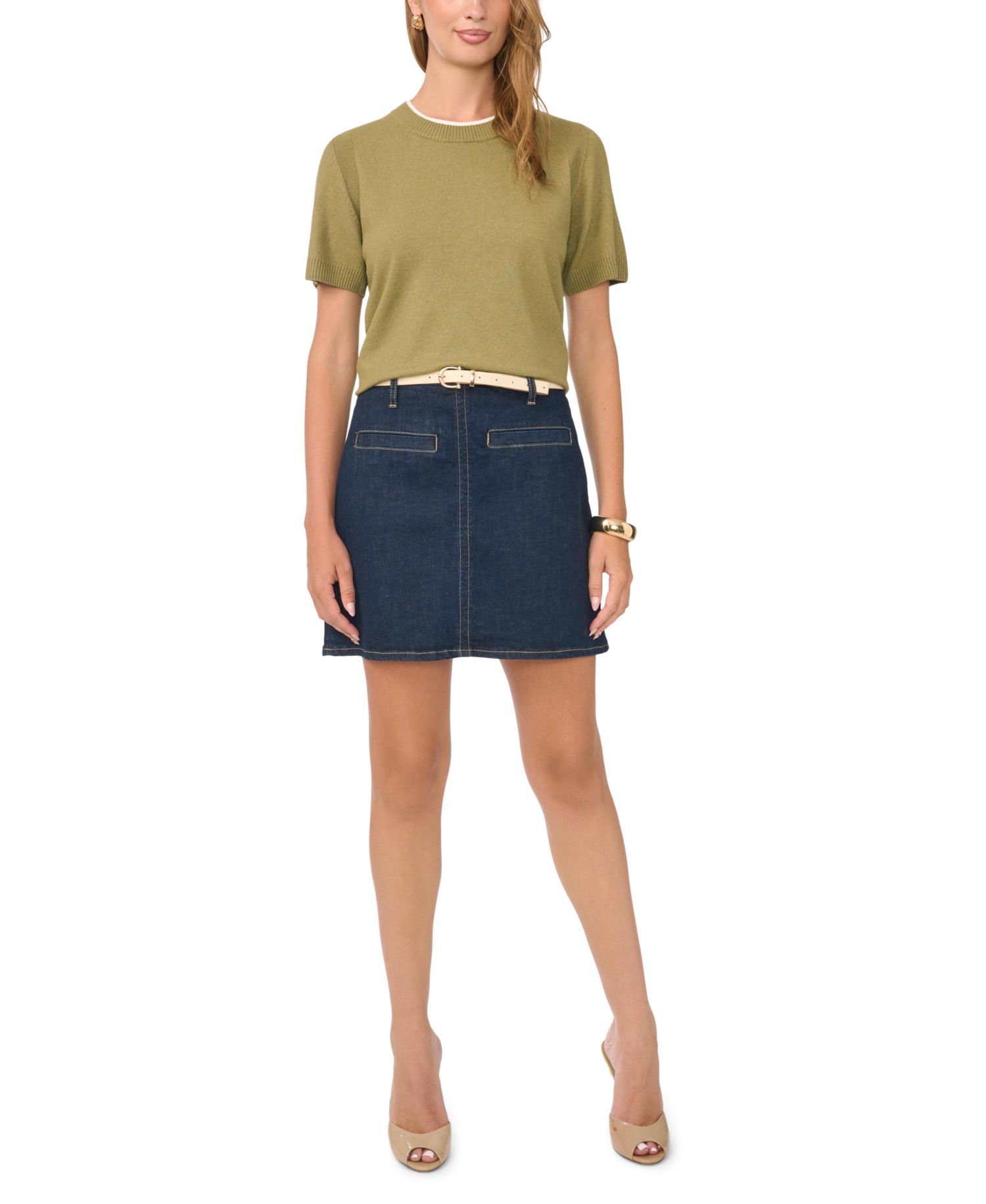 Women's Contrast-Neck Short-Sleeve Sweater