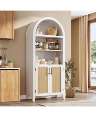 Arched Kitchen Pantry Storage Cabinet - 5-Tier Open Display Shelf with Rattan Decor, Farmhouse Storage Cabinet for Kitchen, Dining Room, Living Room