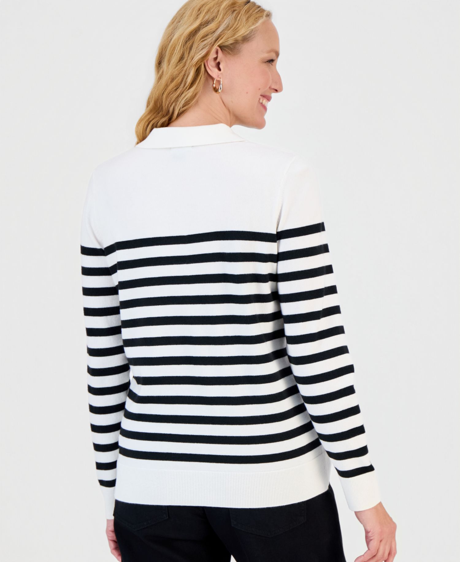 Petite Stripe Long-Sleeve Polo Sweater
