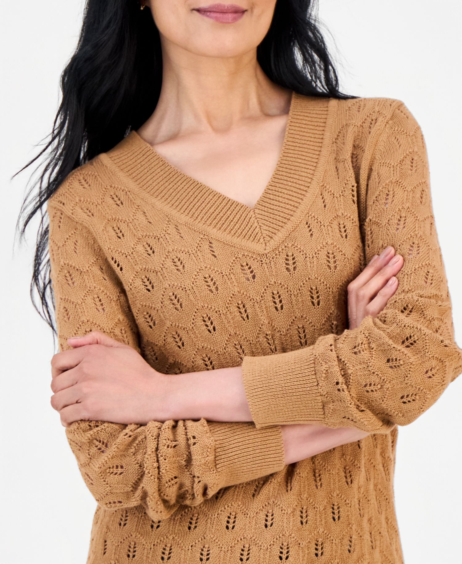 Petite Pointelle V-Neck Cotton Sweater