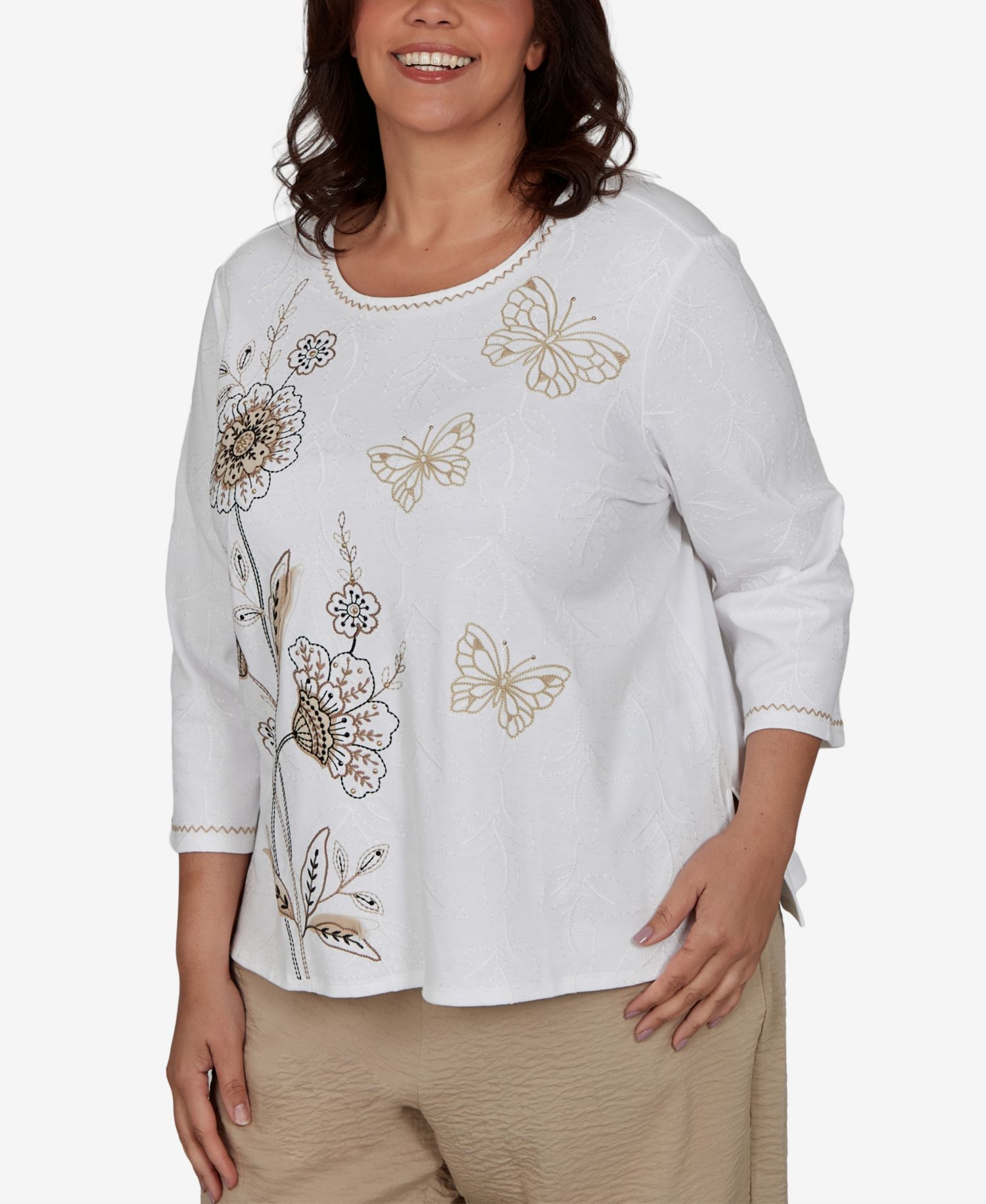 Plus Size Travel Advisory Floral-Embroidered 3/4-Sleeve Top