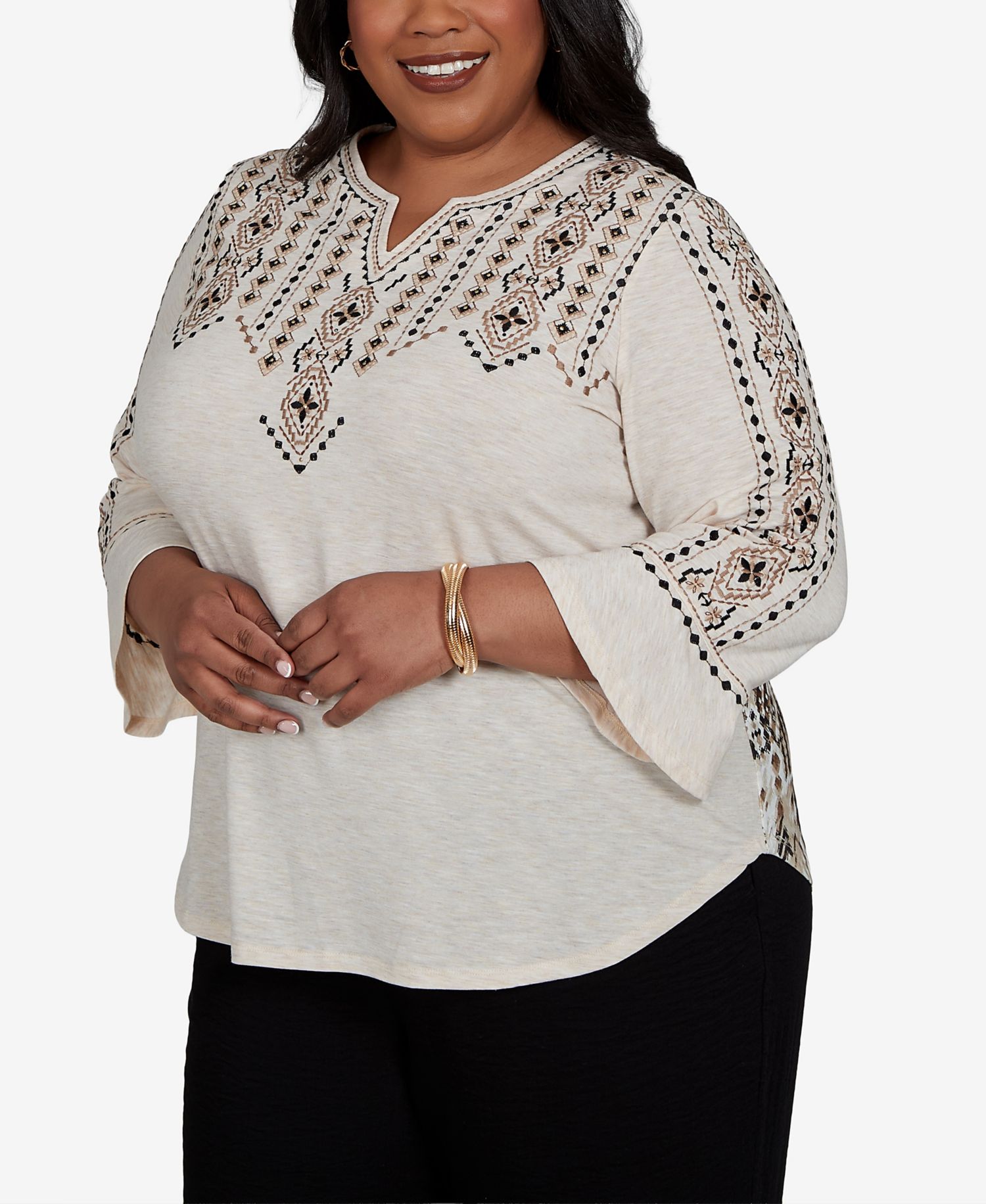 Plus Size Women's Travel Advisory 3/4-Sleeve Geometric-Embroidered Printed-Back Top