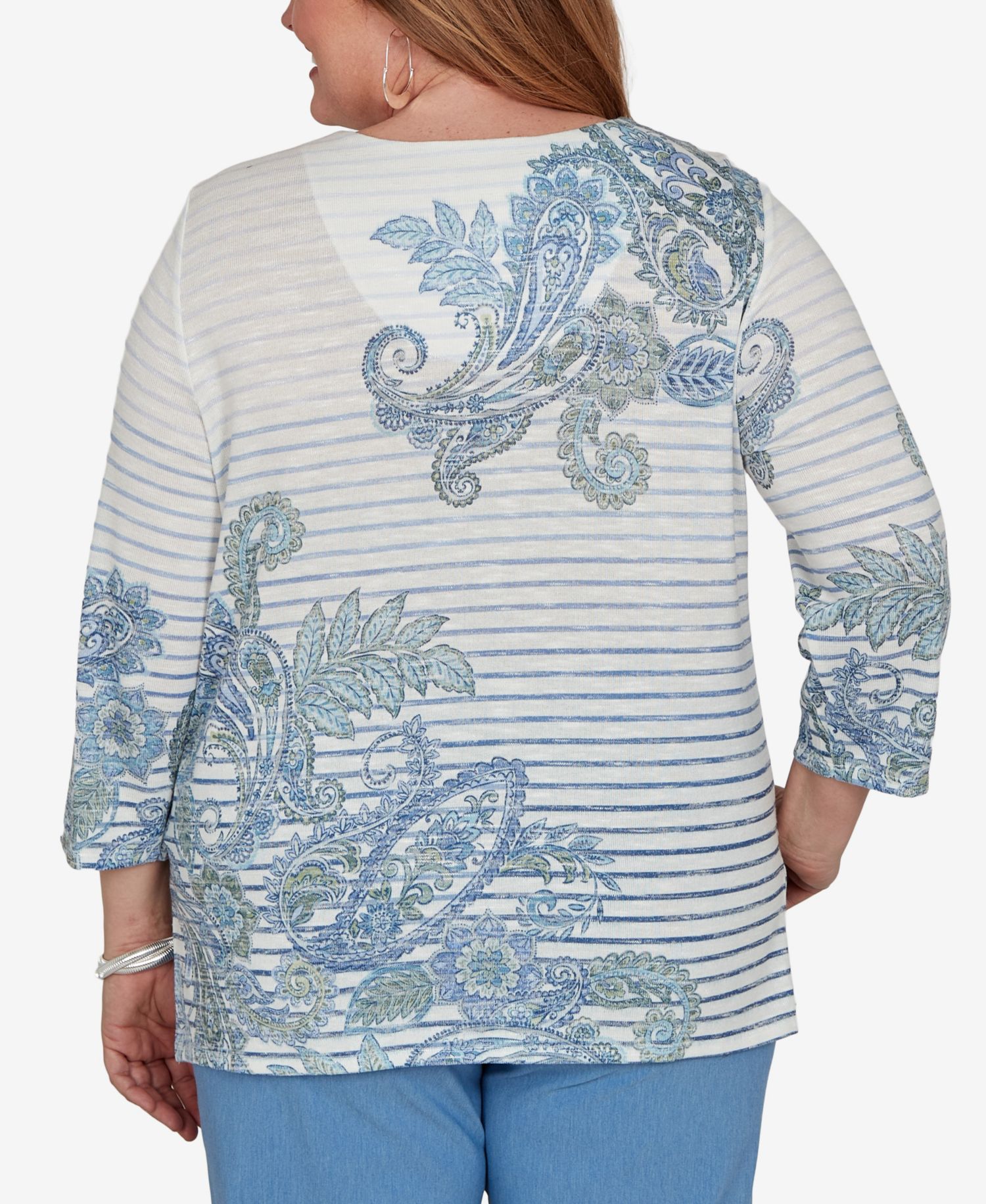 Plus Size Provence Paisley Stripe 3/4-Sleeve Split-Neck Blouse