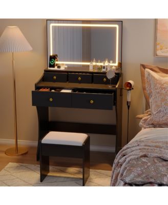 LED Makeup Vanity Desk with Mirror and Chair, Dressing Table Featuring Power Outlet, Hair Dryer Holder and 5 Drawers, Vanity Table