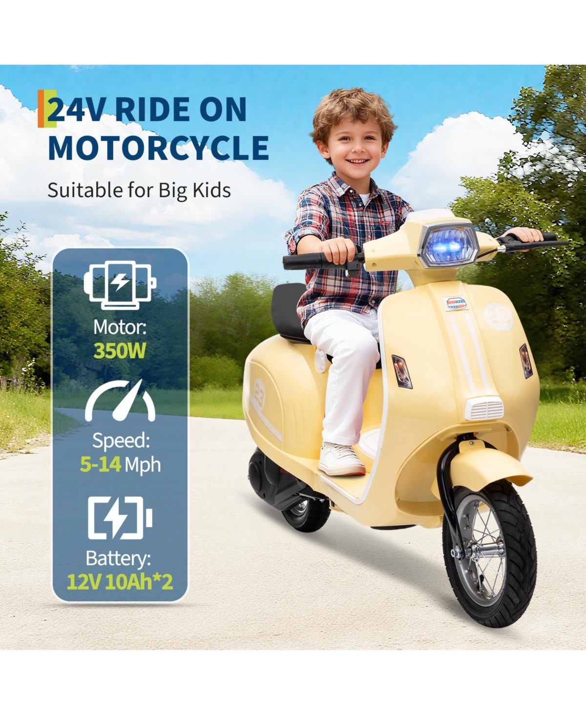Homfan 24V 350W electric ride-on motorcycle with rear brake, twist throttle, and Led lights for kids