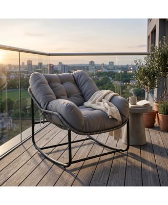 Oversized Egg-Shaped Patio Rocking Chair, All-Weather Wicker Outdoor Chair, Soft Removable Cushion, Reinforced Rattan Frame