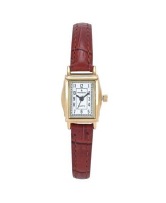 Women's Vintage 14K Gold-Plated Rectangular Small Face Watch with Brown Leather Strap