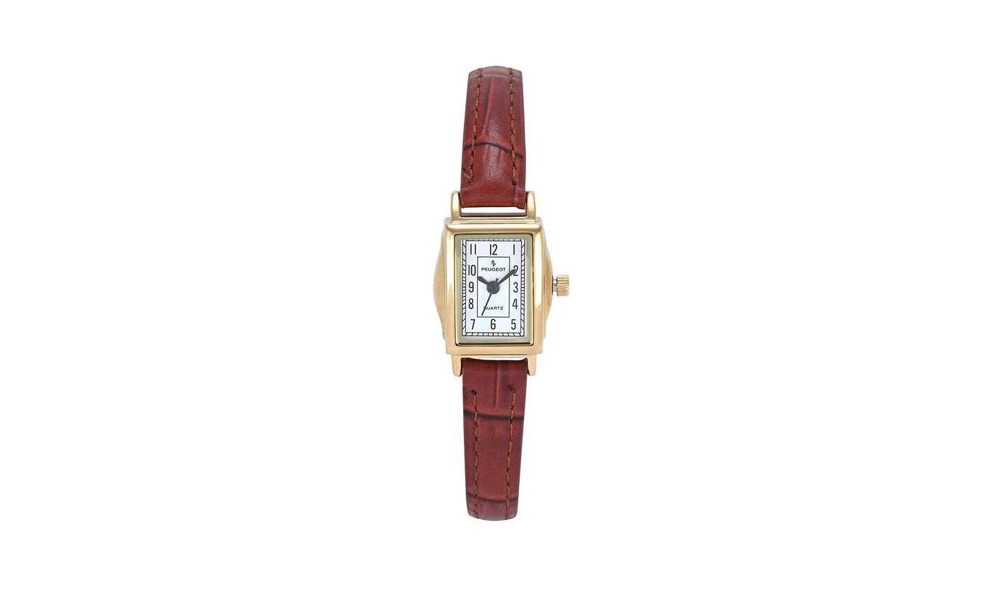 Женские часы Peugeot Vintage 14K Gold-Plated Rectangular Small Face Watch with Brown Leather Strap — фото 1