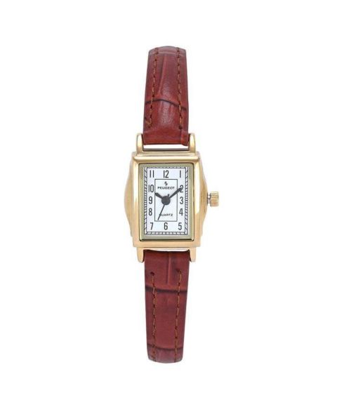 Женские часы Peugeot Vintage 14K Gold-Plated Rectangular Small Face Watch with Brown Leather Strap