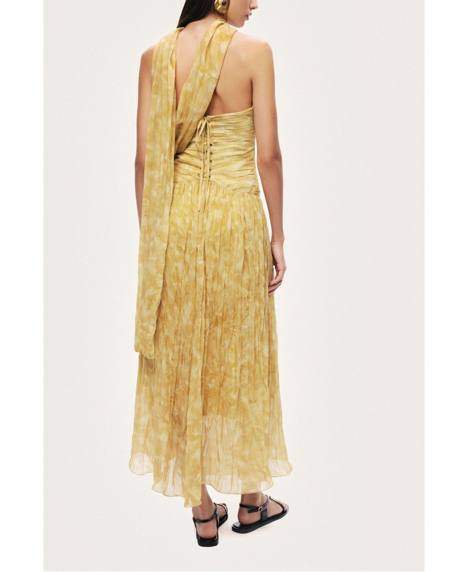 Women's Strapless A-Line Ruched Corset Bodice Viscose-Blend Midi Dress