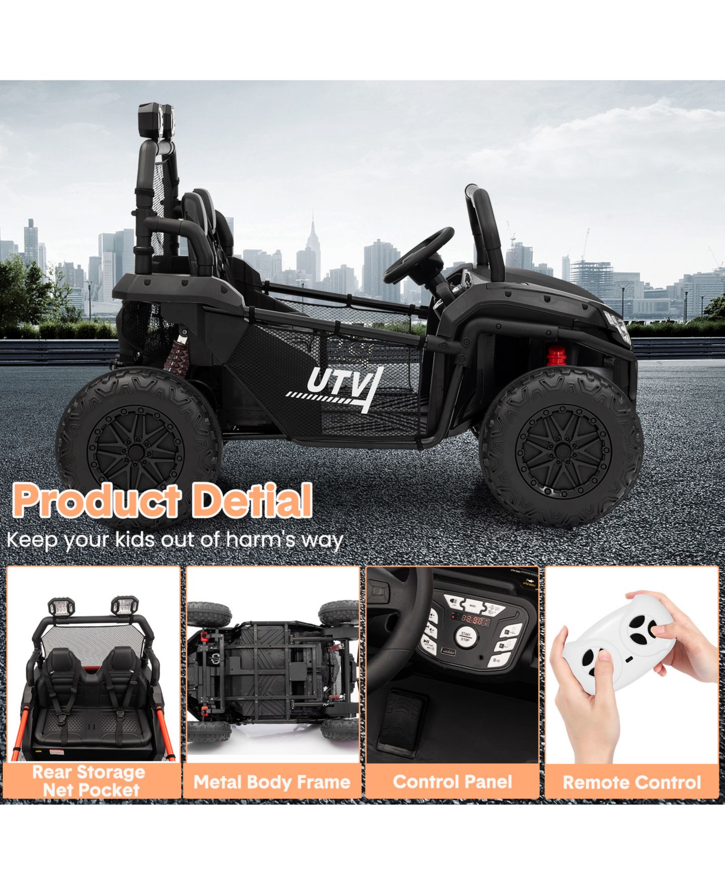 Детская игрушка homfan 2-Seater Electric Ride-On UTV Car, Remote Control, Spring Suspension, LED Lights, Wireless, Spacious Seat, Treaded Tires, Metal Frame, цвет: Чёрный — фото 3