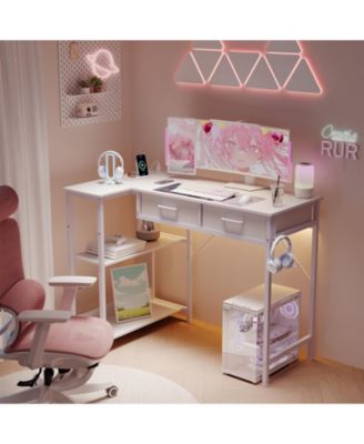 40" L-Shaped Gaming Desk – Power Outlet, 3-Tier Shelves, 2 Drawers and Headphone Hook for Small Spaces