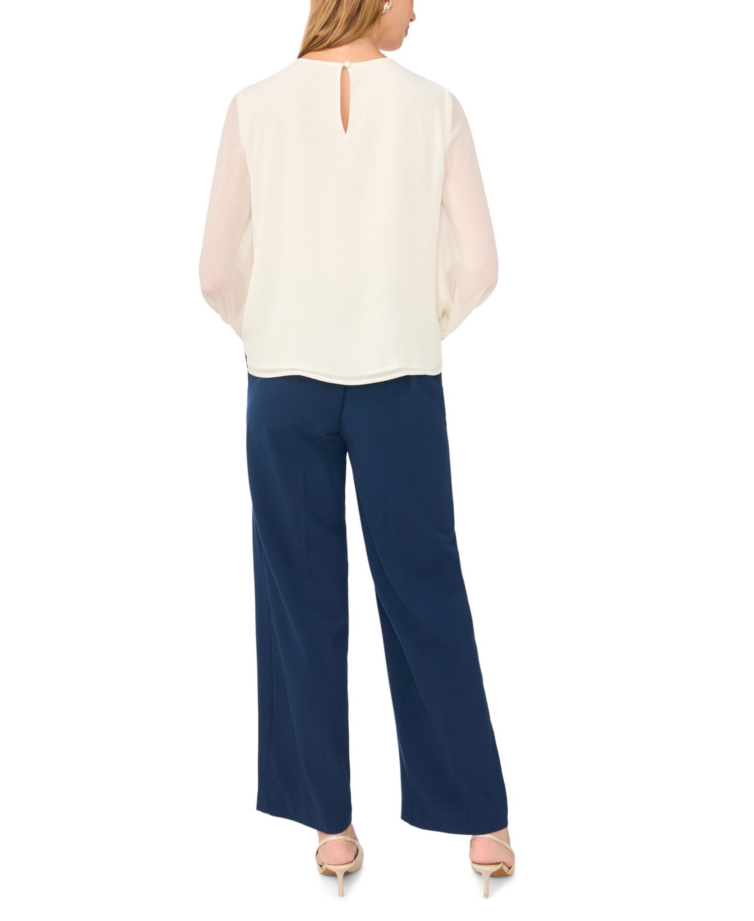 Women's Gathered Crewneck Long-Sleeve Chiffon Blouse