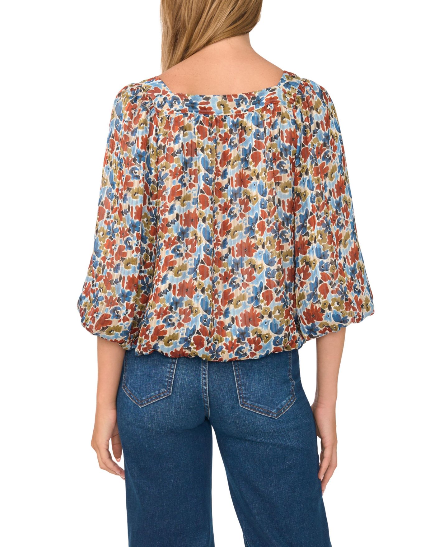 Женская блузка Vince Camuto Floral Square Neck 3/4-Sleeve Blouse, цвет: Джинсовый тёмно-синий — фото 14