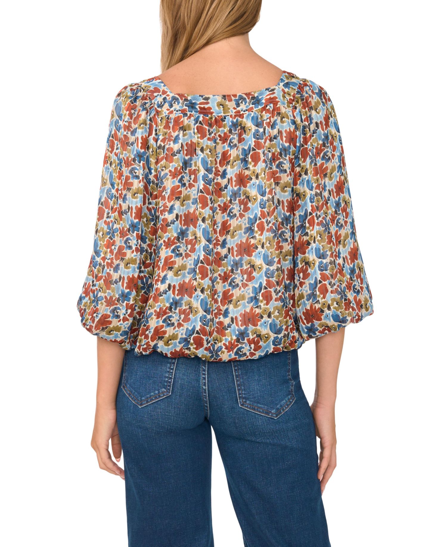 Women's Floral Square Neck 3/4-Sleeve Blouse