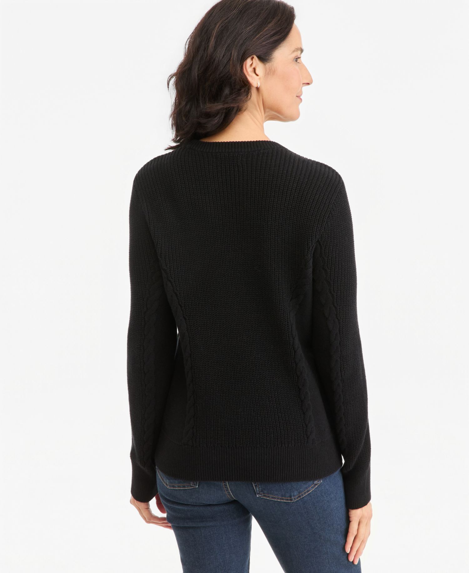 Petite Mixed Rib Cable-Knit Cotton Crewneck Pullover