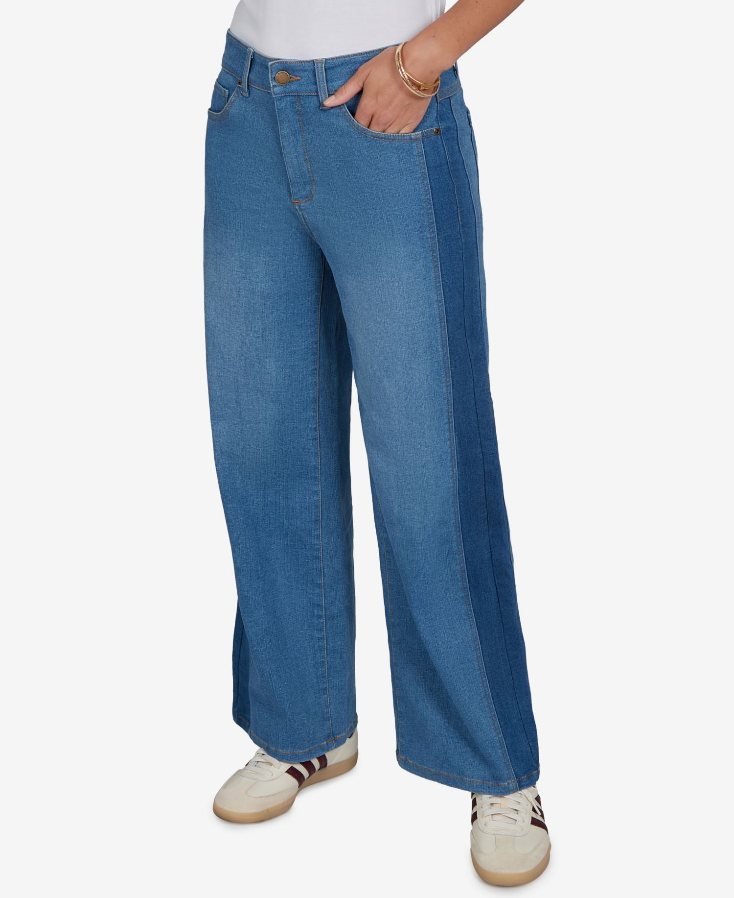 Petite Pull-On Wide-Leg Two-Tone Jeans