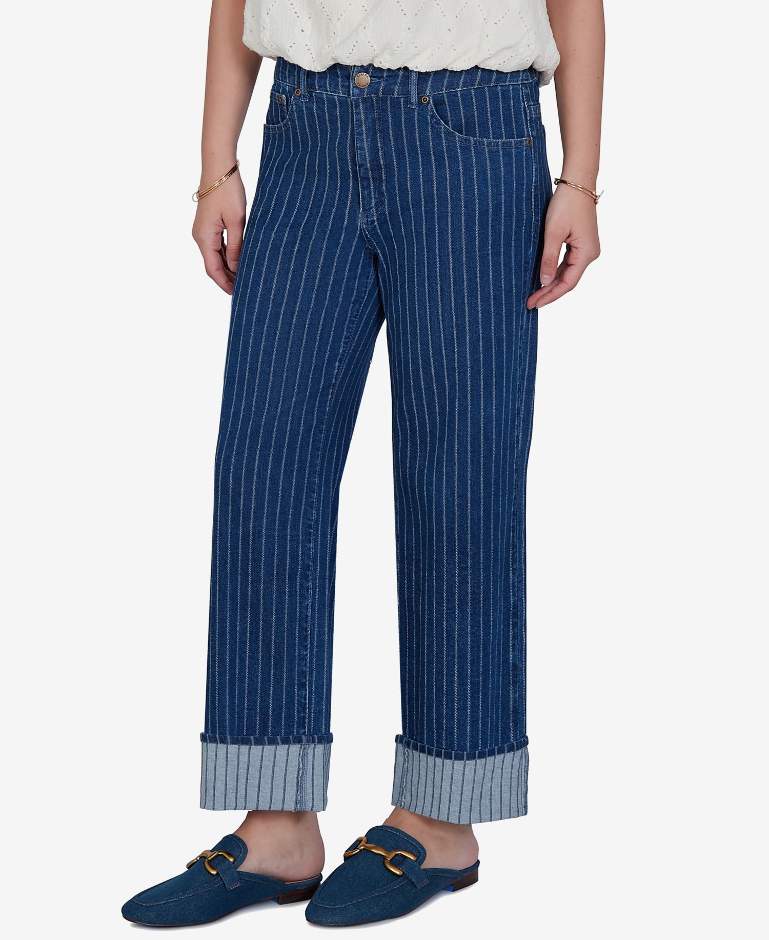 Petite Pinstripe Wide Cuff Jeans