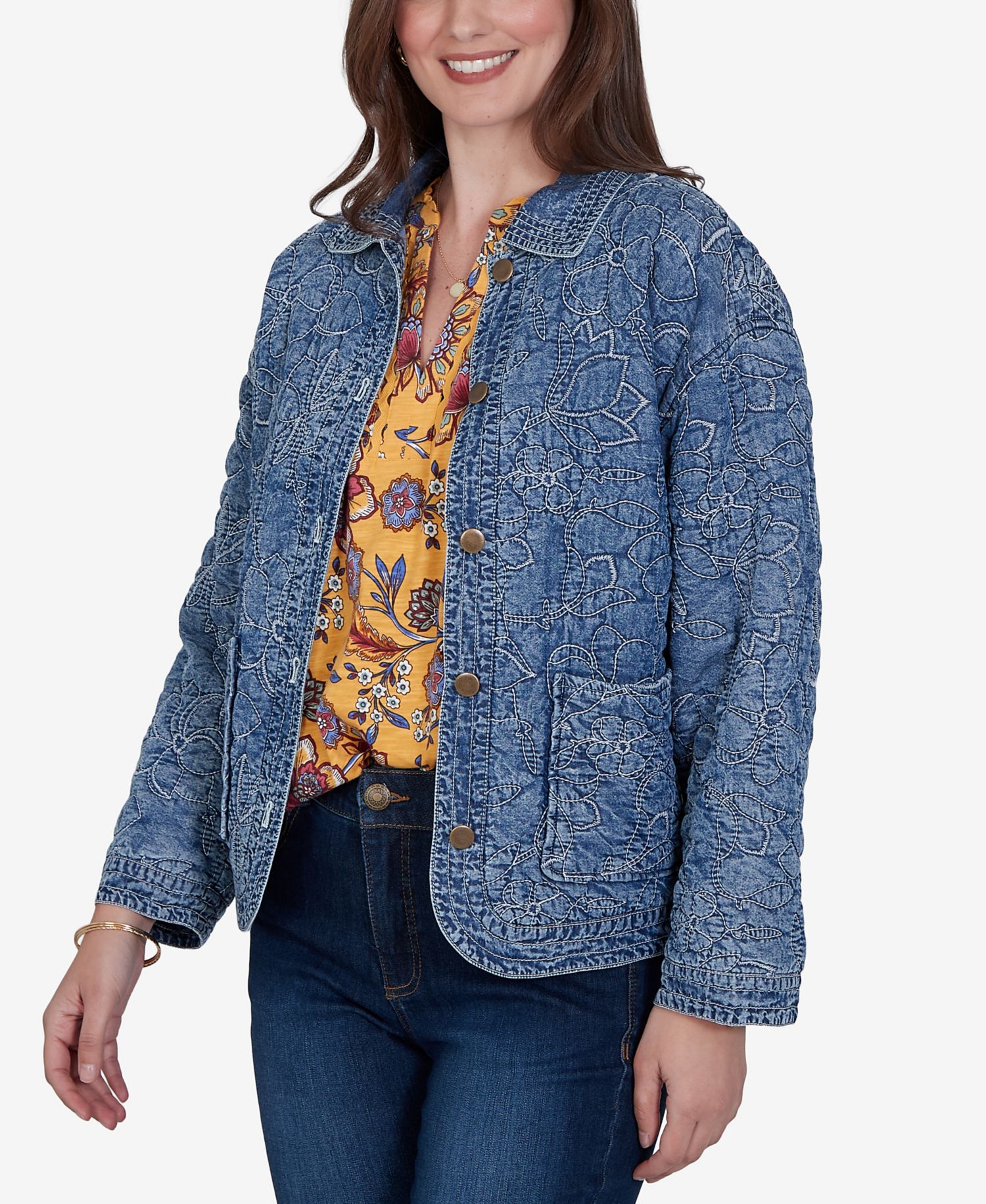 Petite Quilted Floral Denim Jacket