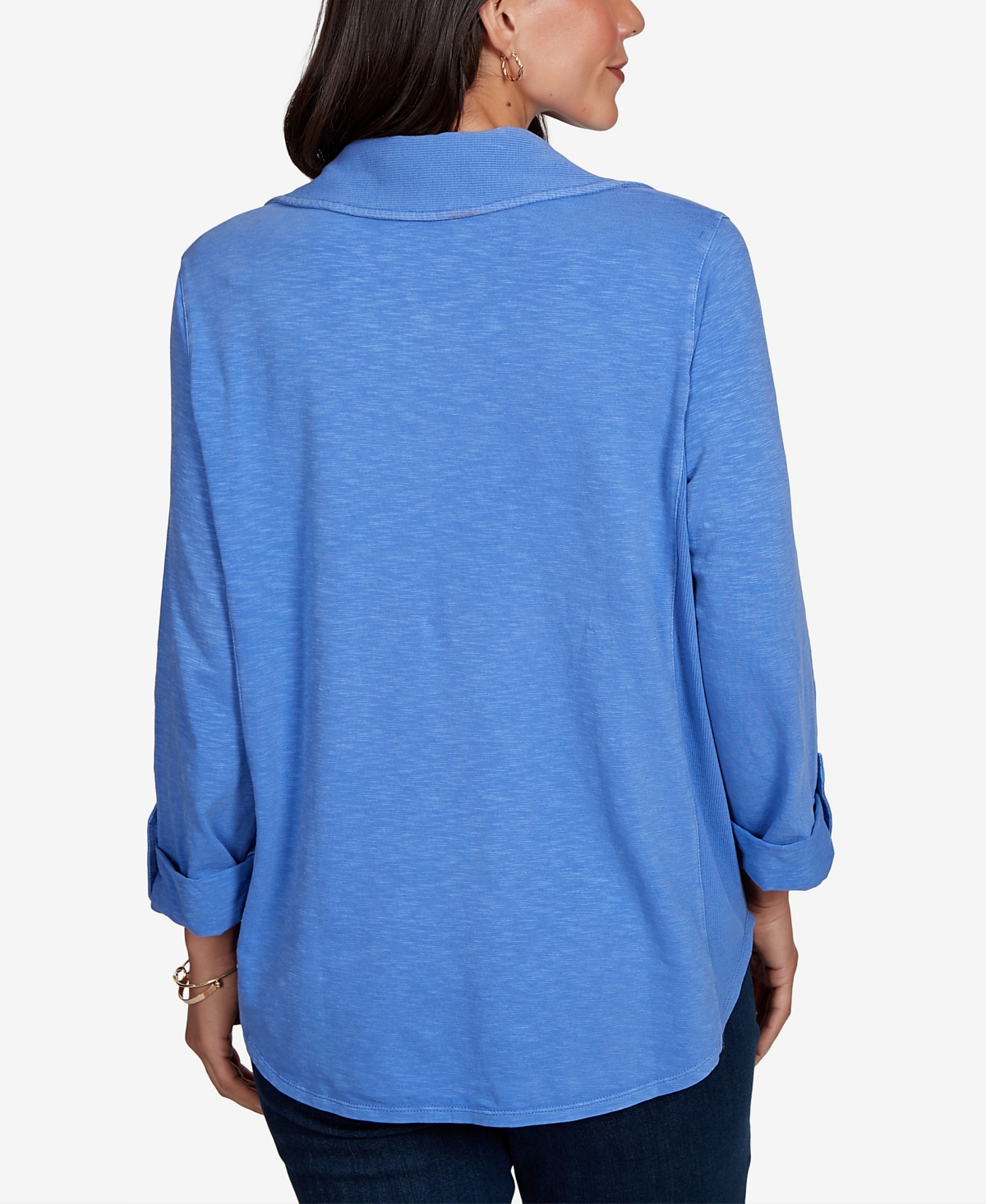 Ruby Rd. Petite Rib Trim Button-front Knit Top In Blue Bird
