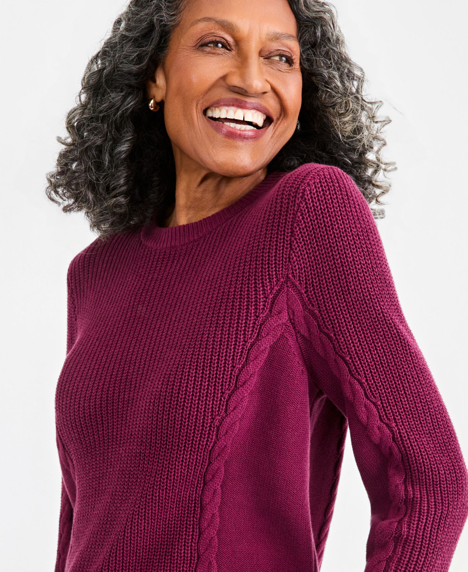 Petite Mixed Rib Cable-Knit Cotton Crewneck Pullover