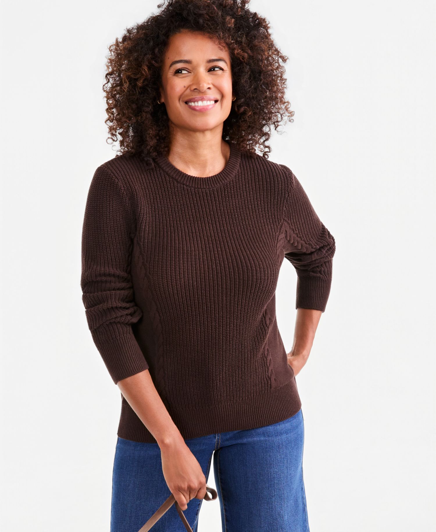 Petite Mixed Rib Cable-Knit Cotton Crewneck Pullover