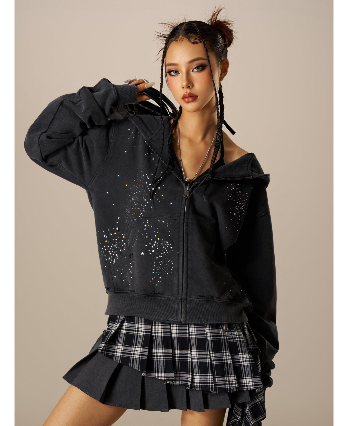 Aelfric Eden Women's Rhinestone Boxy Zip Up V302 Hoodie